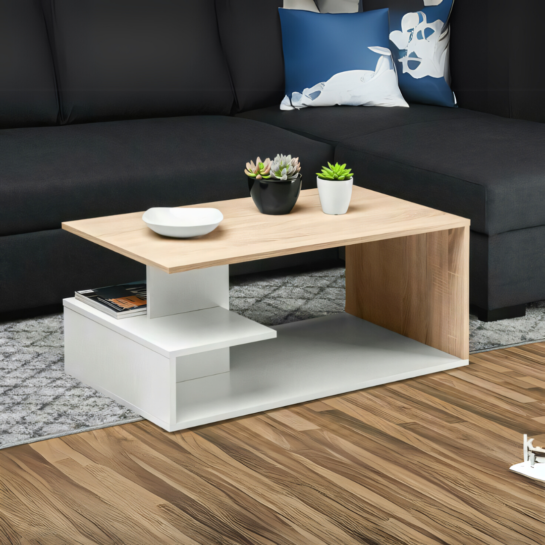 White and Wooden Coffee Table Unit - 100 x 50 x 40 cm | TA52