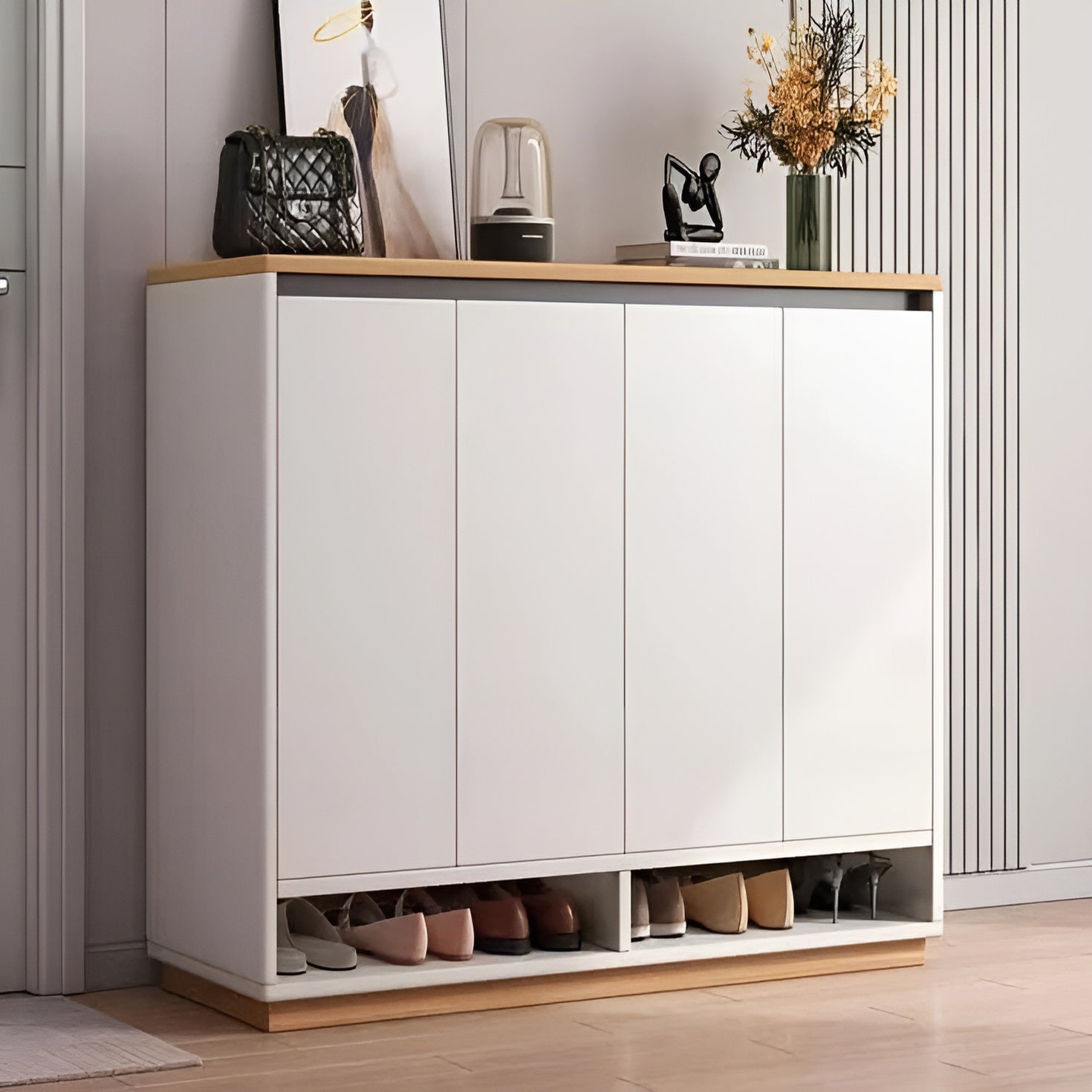 White and Wood Shoe Cabinet - 140 x 40 x 100 cm | SU96