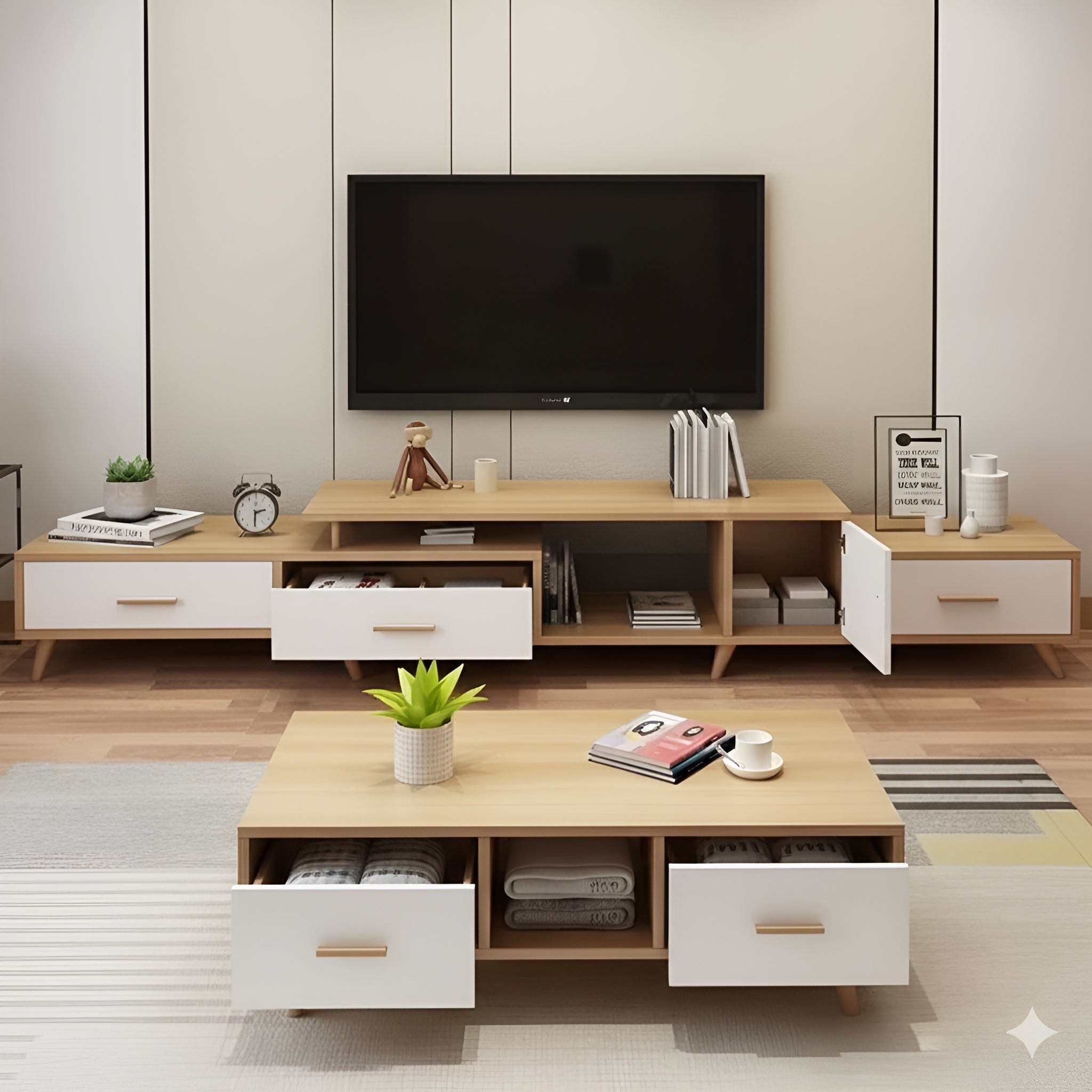 White and Wooden Living Room Set - 220 x 40 x 40 cm | SET8