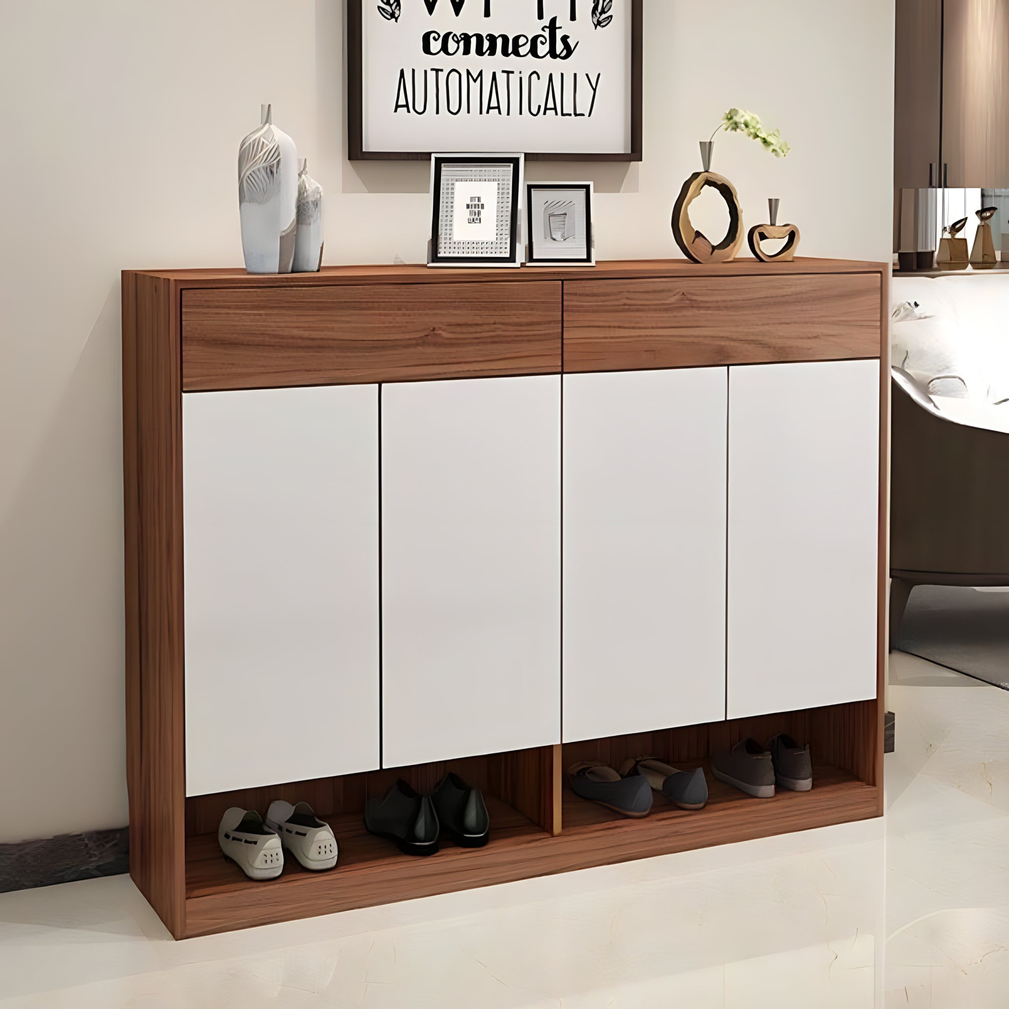 White and Brown Shoe Cabinet - 140 x 40 x 110 cm | SU109