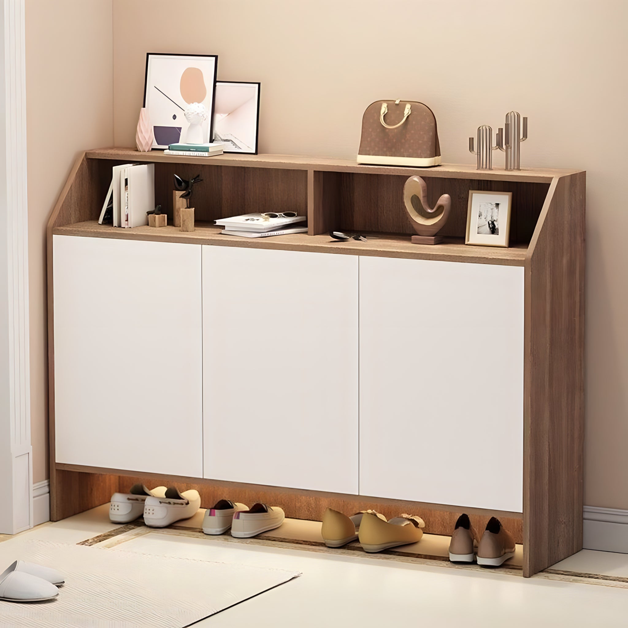 White and Wooden Shoe Cabinet - 120 x 40 x 110 cm | SU110