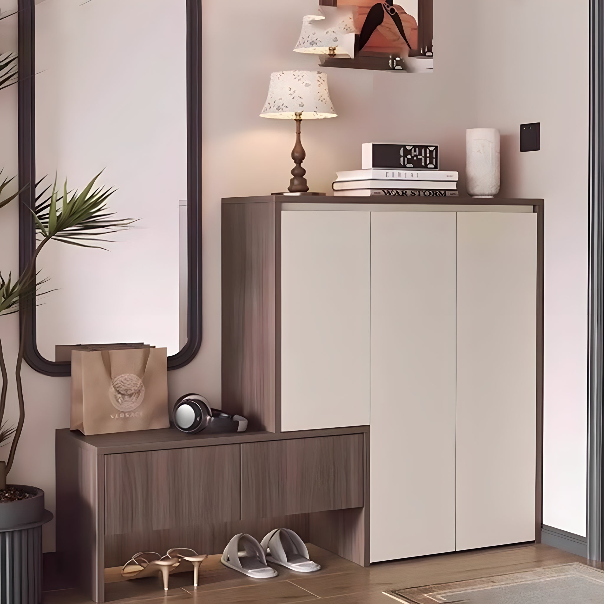 Off-White and Wooden Shoe Cabinet - 140 x 40 x 110 cm | SU122