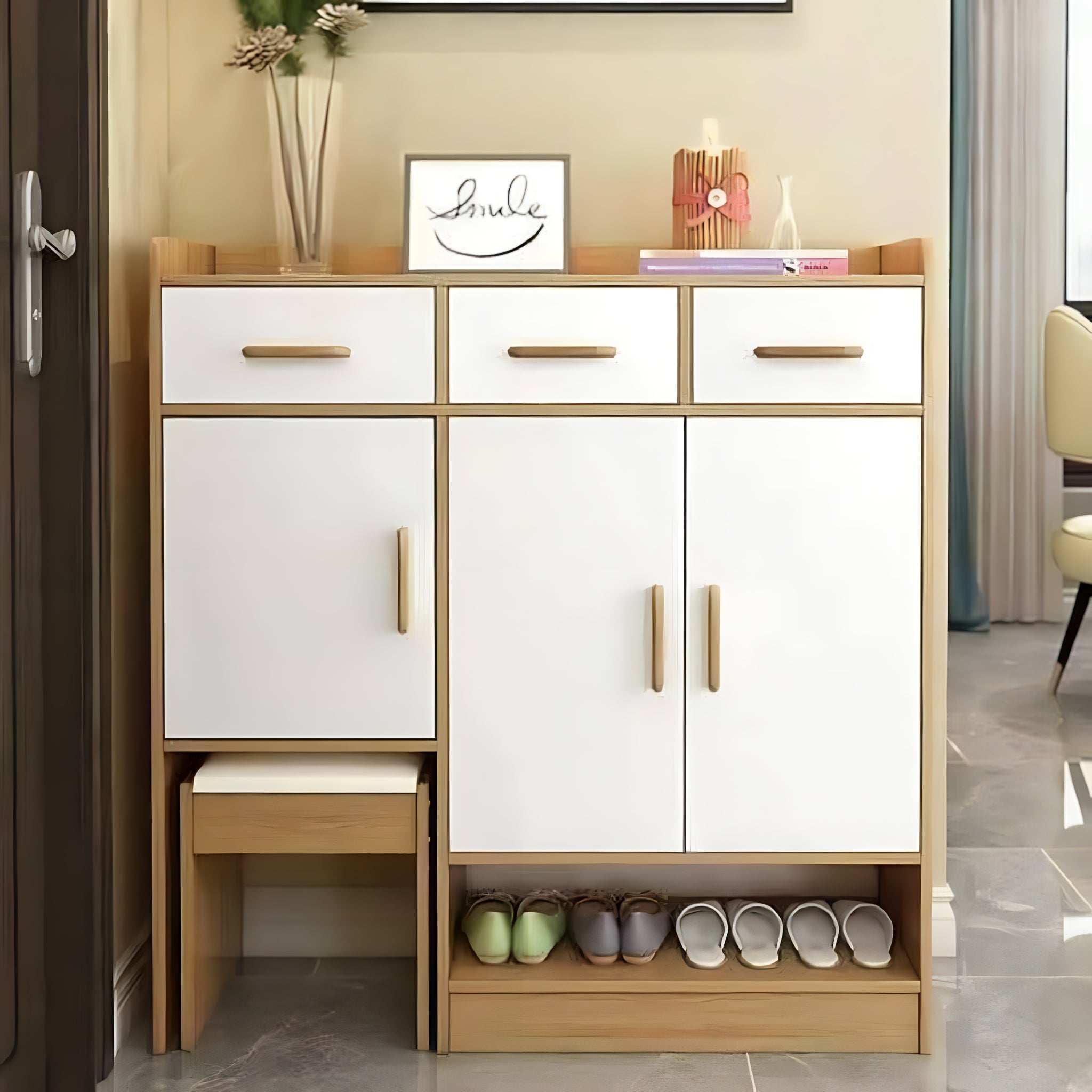 White and Wood Shoe Cabinet - 120 x 40 x 110 cm | SU116