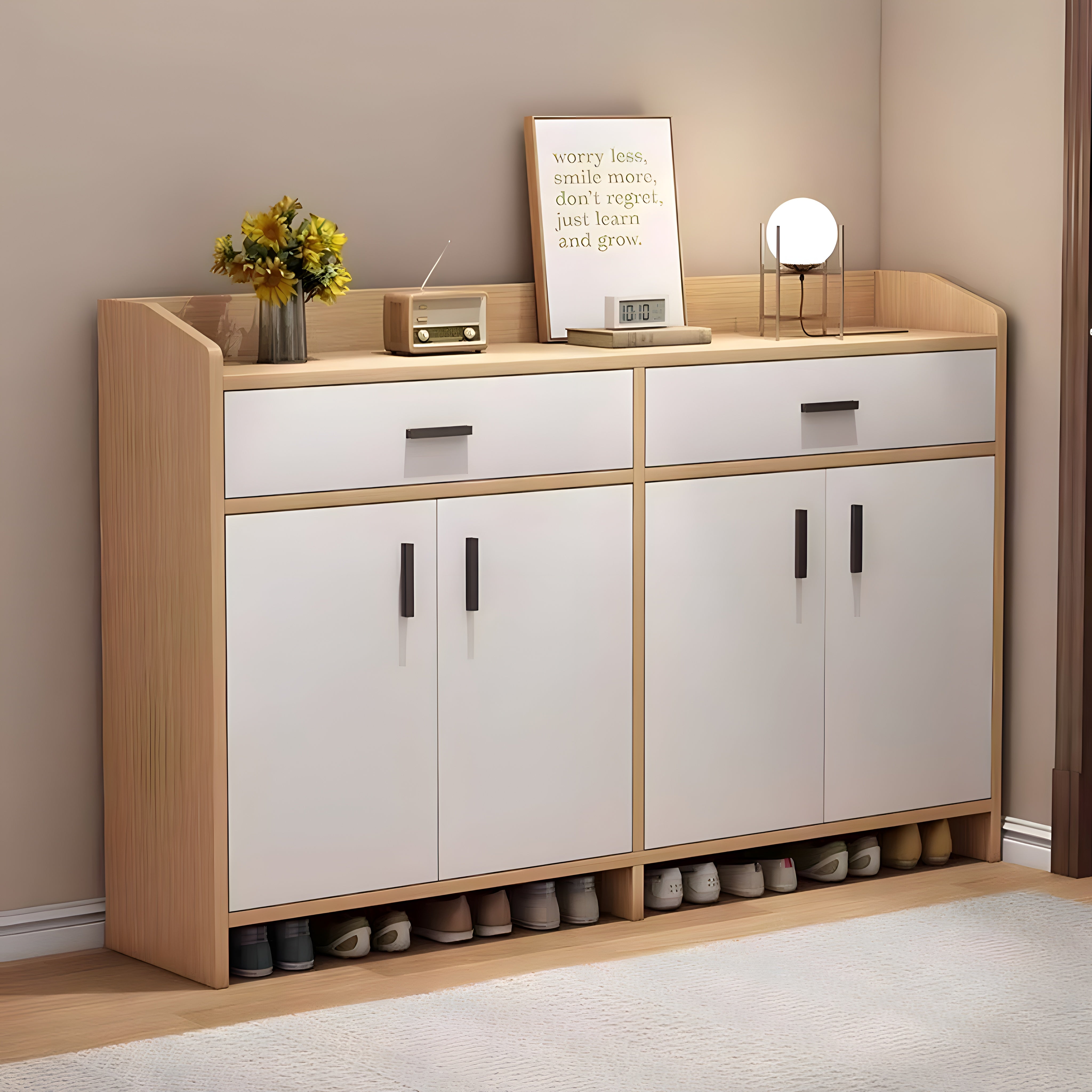 White and Wood Shoe Cabinet - 140 x 40 x 110 cm | SU131