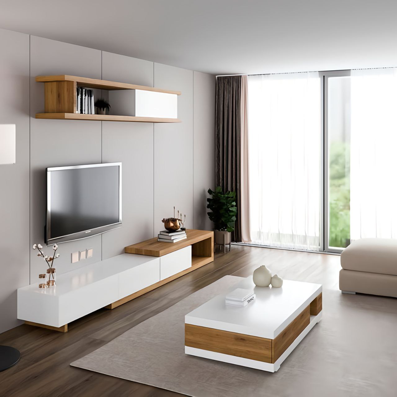 White and Wood Living Room Set - 200 x 40 x 40 cm | SET58