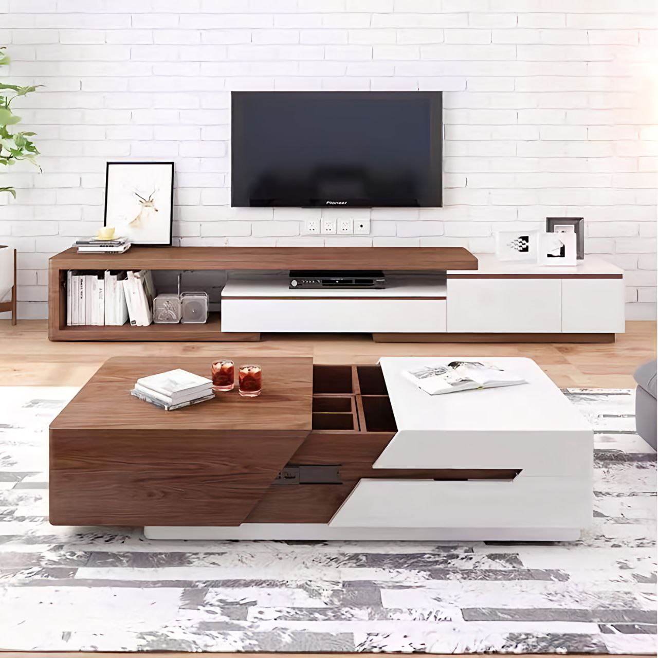 White and Wooden Living Room Set - 220 x 40 x 40 cm | SET33