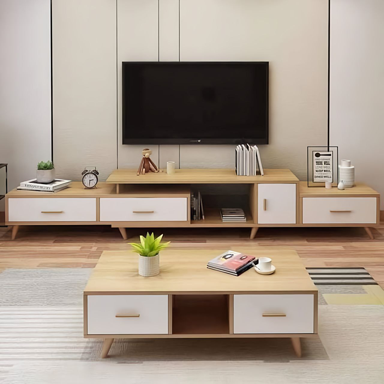 White and Wooden Living Room Set - 220 x 40 x 40 cm | SET8