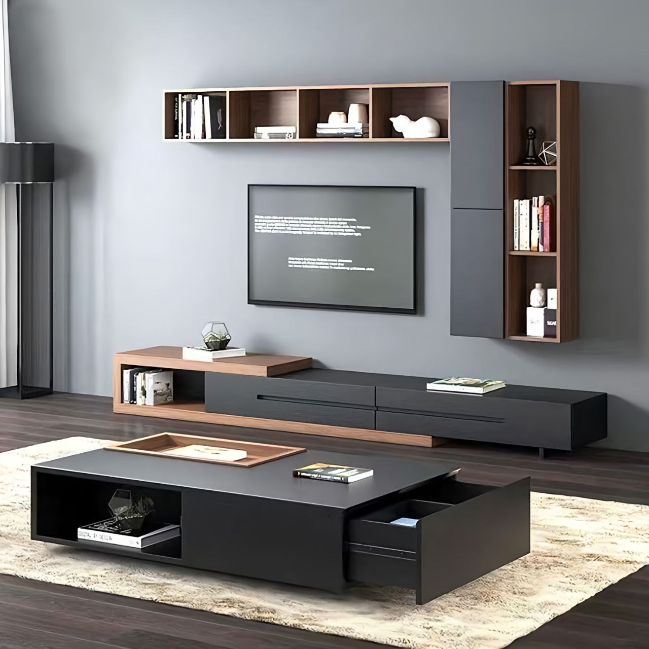 Black and Wood Living Room Set - 240 x 40 x 40 cm | SET19